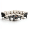 Salon de jardin d'angle 4 places beige et noir en aluminium et corde PE avec 2 tables basses 225 x 225 cm