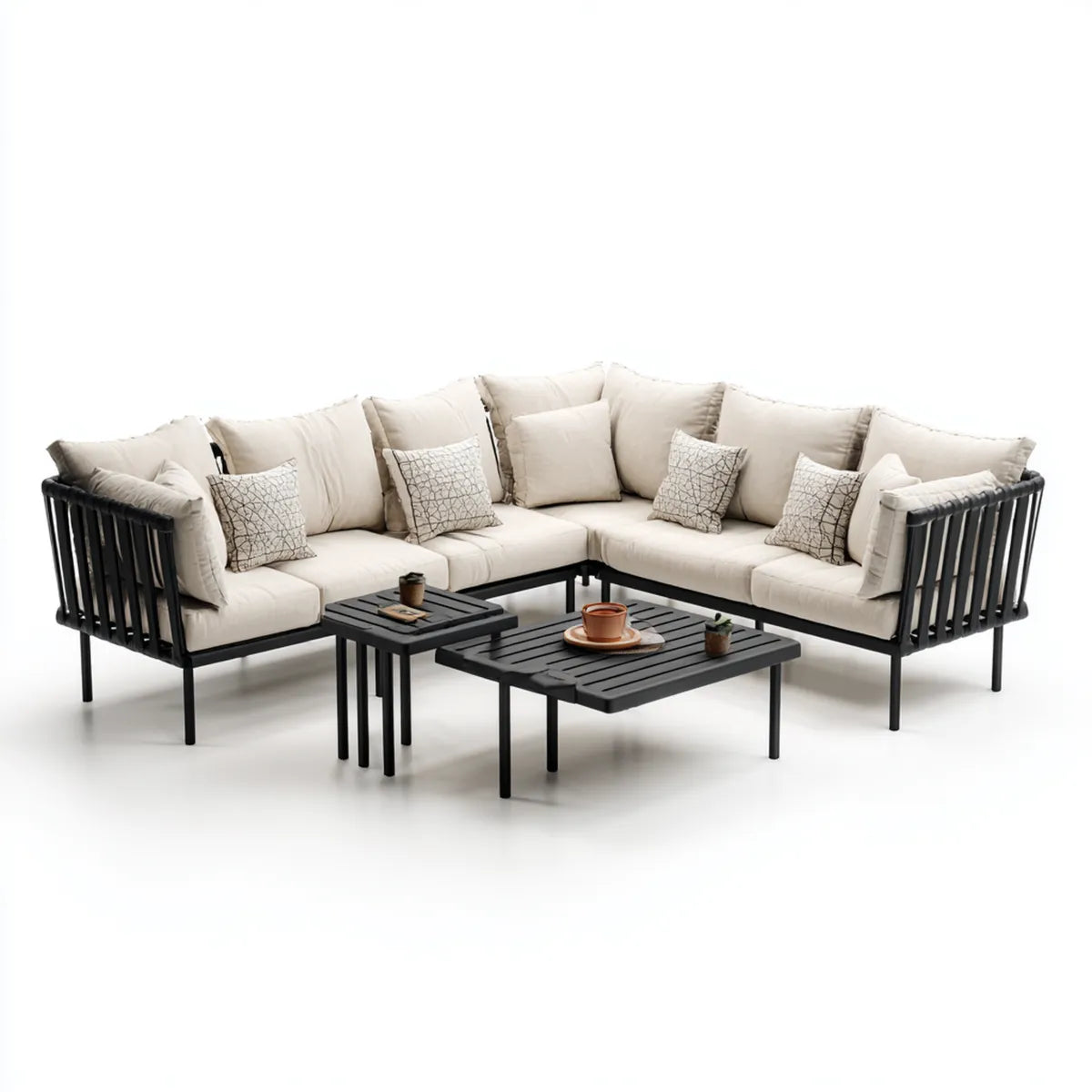 Salon de jardin d'angle 4 places beige et noir en aluminium et corde PE avec 2 tables basses 225 x 225 cm