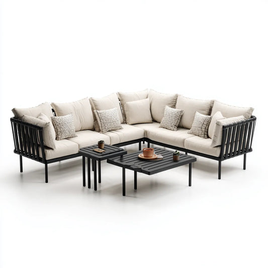 Salon de jardin d'angle 4 places beige et noir en aluminium et corde PE avec 2 tables basses 225 x 225 cm