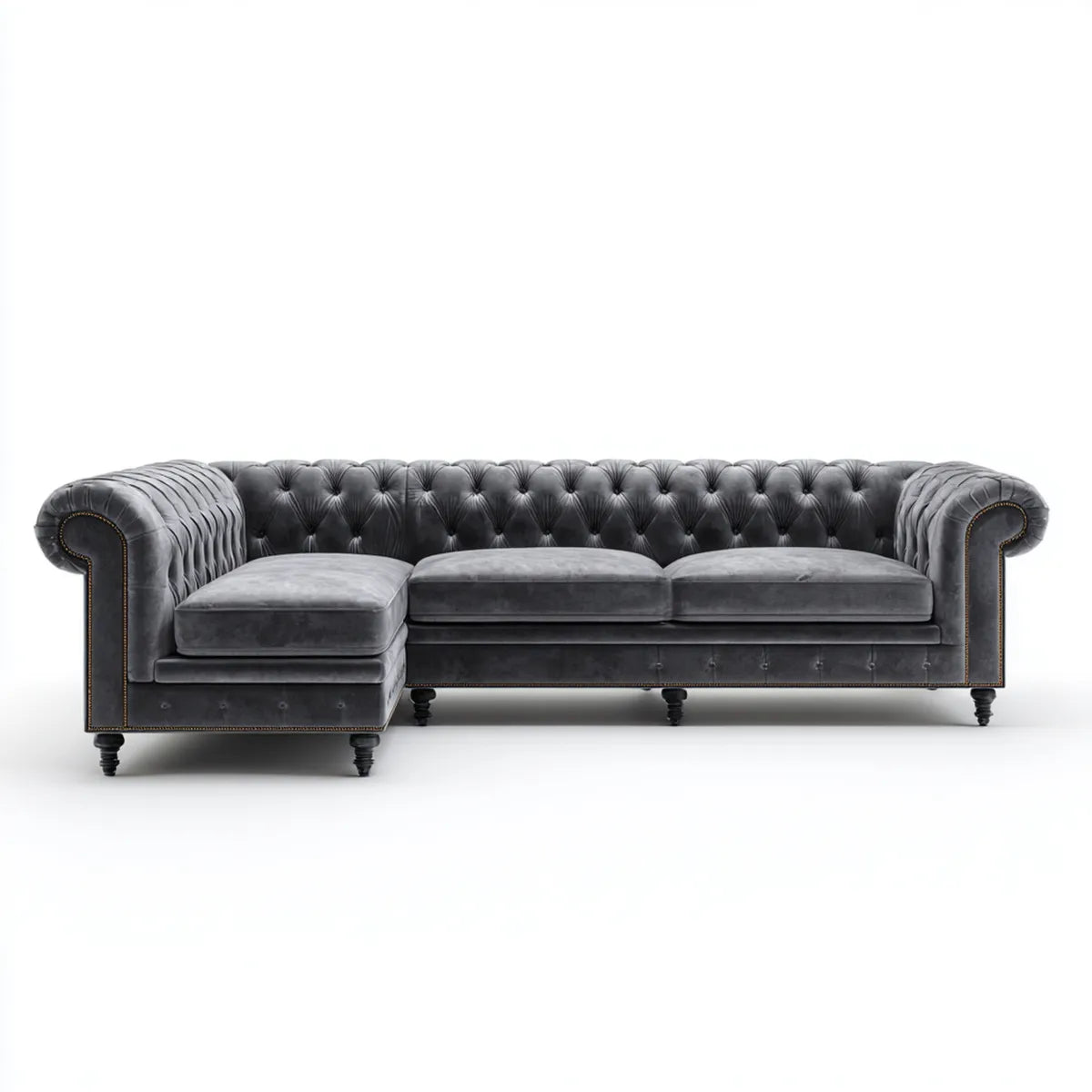 Canapé d’angle Chesterfield 3 places gris anthracite en velours polyester avec méridienne gauche 285 x 160 x 75 cm