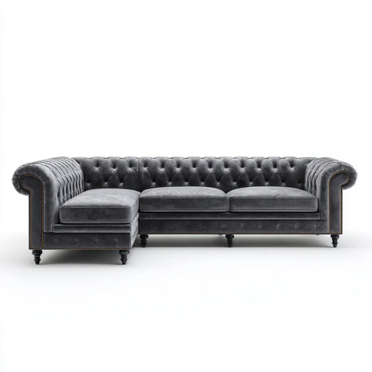 Canapé d’angle Chesterfield 3 places gris anthracite en velours polyester avec méridienne gauche 285 x 160 x 75 cm