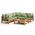 Salon de jardin d’angle 3 pièces vert et brun en acacia massif forme L 220 × 220 × 78 cm