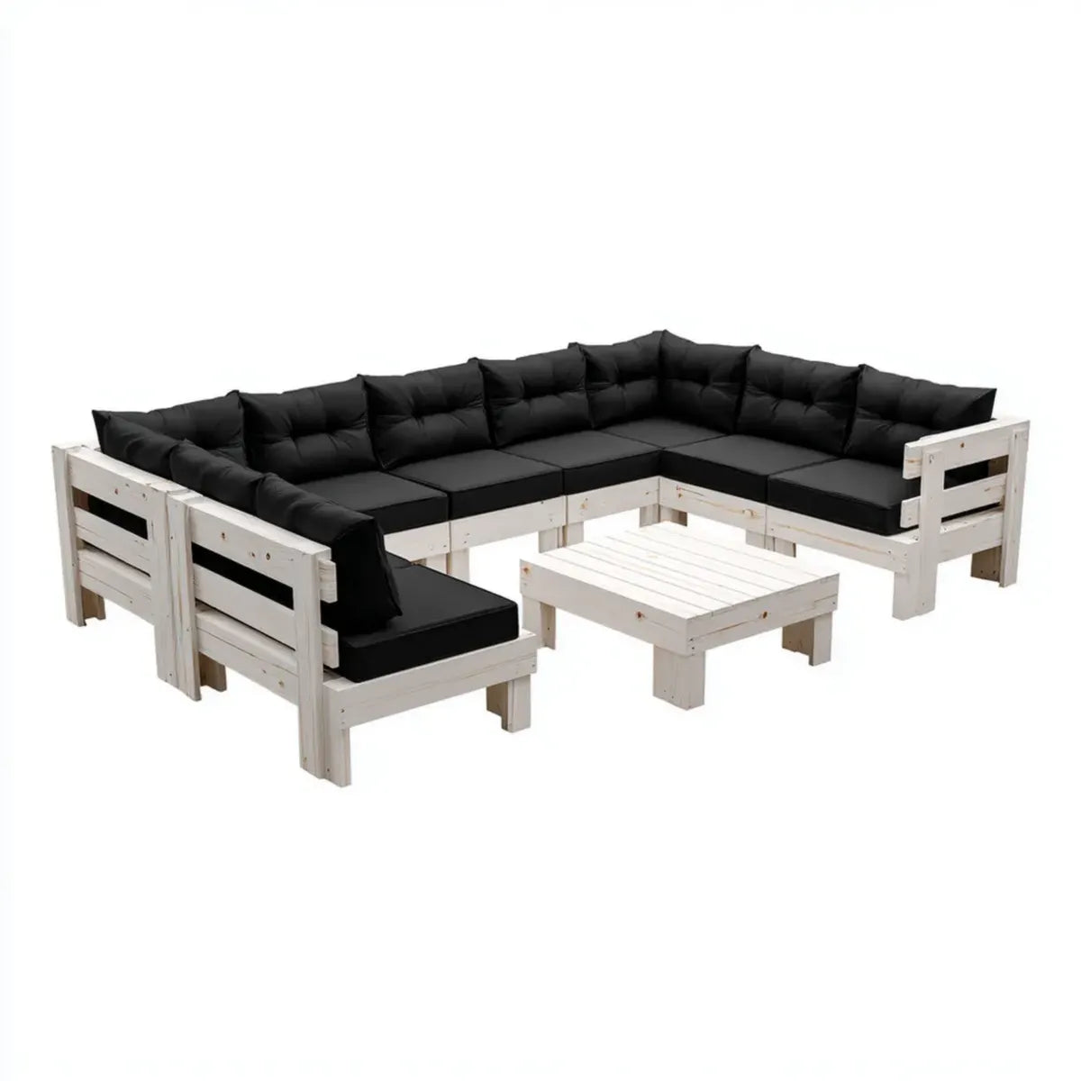 Salon de jardin d’angle 6 places blanc et noir en pin massif avec coussins 280 x 210 cm
