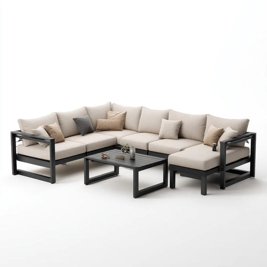 Salon de jardin d'angle 4 pièces beige et noir en aluminium et polyester forme L 280 x 210 x 65 cm