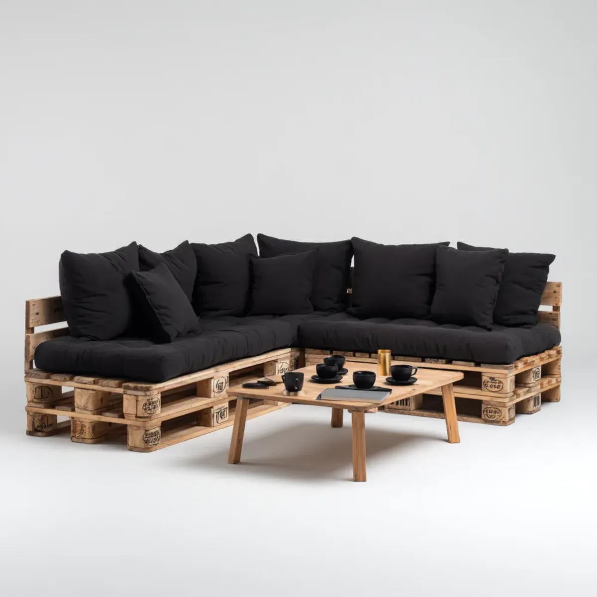 Salon de jardin d’angle 2 pièces noir en pin massif avec coussins 240 x 160 cm