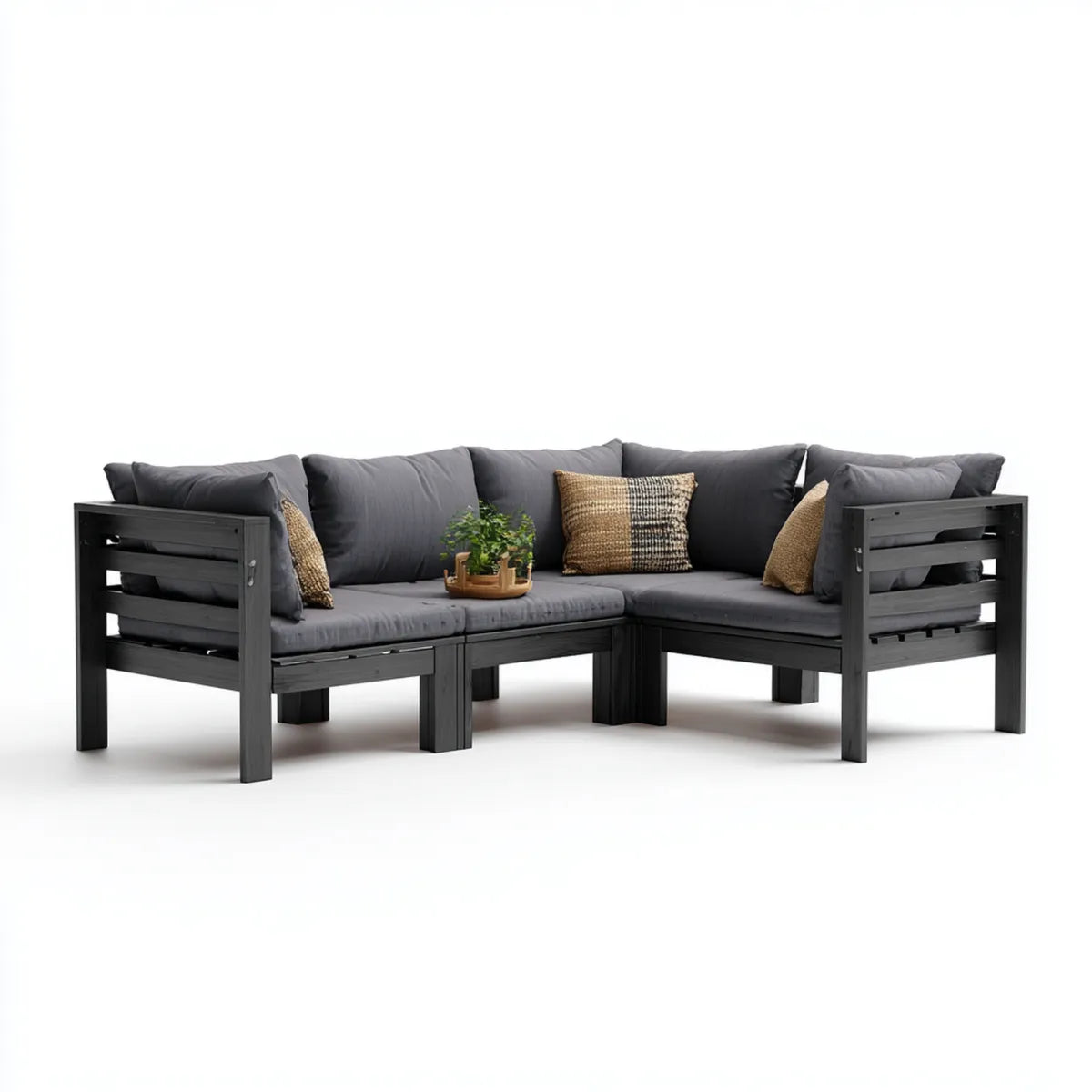 Salon de jardin d’angle 3 places noir 210 x 210 cm en acacia massif forme L