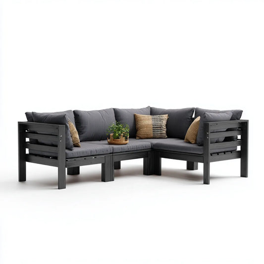 Salon de jardin d’angle 3 places noir 210 x 210 cm en acacia massif forme L