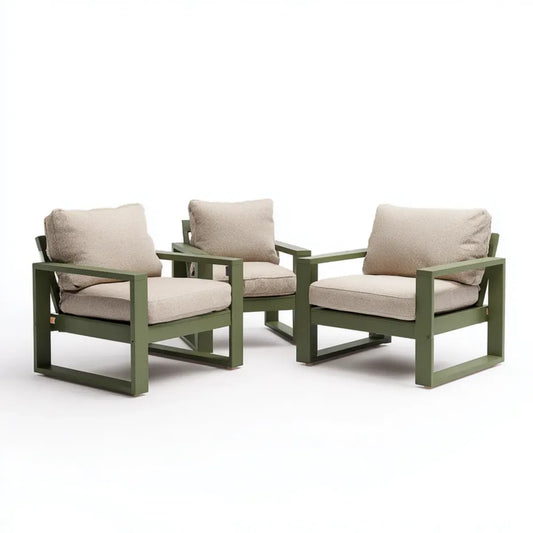 Lot de 3 fauteuils lounge de jardin vert olive et beige 76 x 75 x 70 cm en aluminium forme rectangulaire