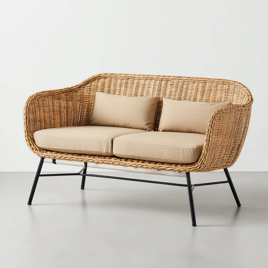 Canapé de jardin 2 places en rotin naturel tressé beige 130 x 75 x 80 cm