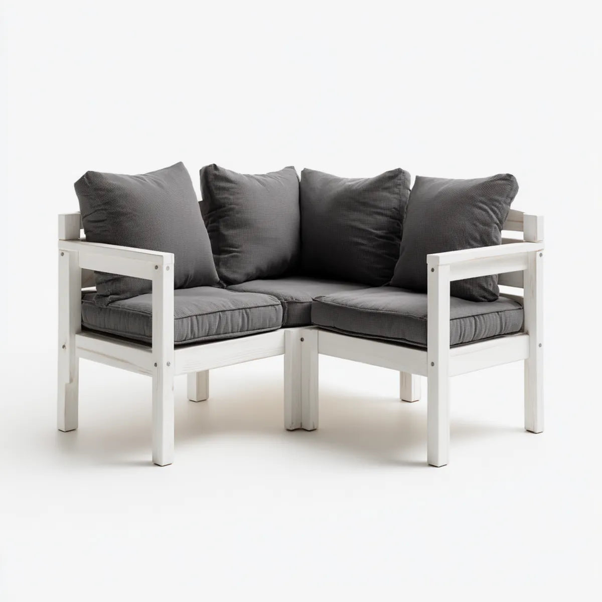 Ensemble de 2 fauteuils de jardin d'angle blanc et gris en pin massif avec coussins 136 x 68 x 70 cm