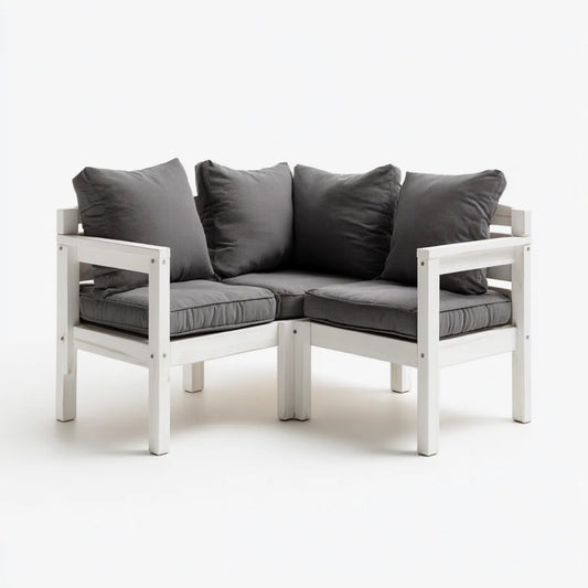 Ensemble de 2 fauteuils de jardin d'angle blanc et gris en pin massif avec coussins 136 x 68 x 70 cm