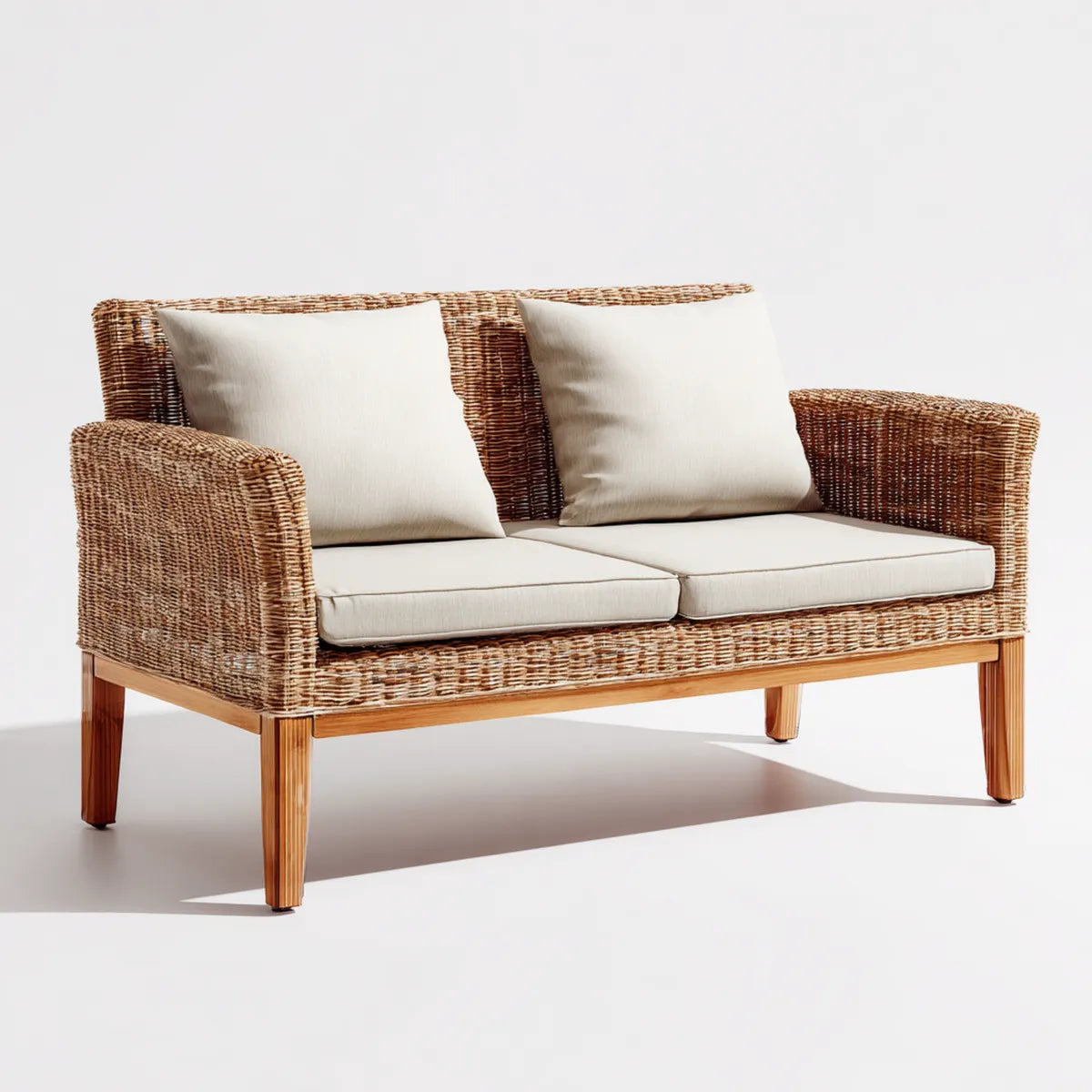 Canapé de jardin 2 places beige et naturel en rotin synthétique PE avec structure en acacia 130 x 75 x 78 cm