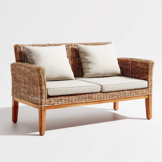 Canapé de jardin 2 places beige et naturel en rotin synthétique PE avec structure en acacia 130 x 75 x 78 cm