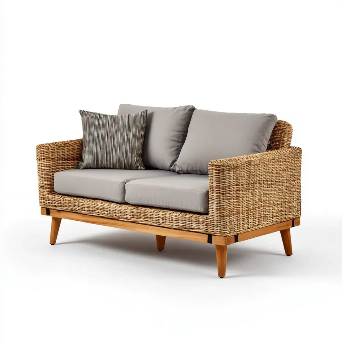 Canapé de jardin 2 places en rotin naturel beige avec coussins gris 140 x 75 x 80 cm rectangulaire