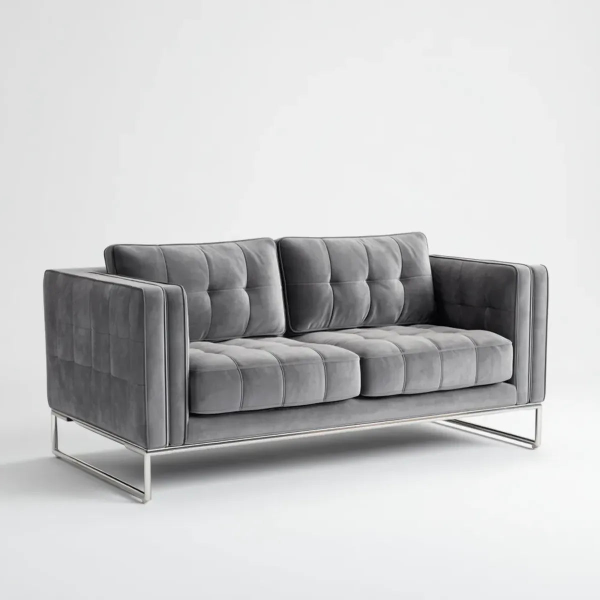 Canapé 2 places gris en polyester aspect velours avec pieds en acier chromé 180 x 90 x 78 cm