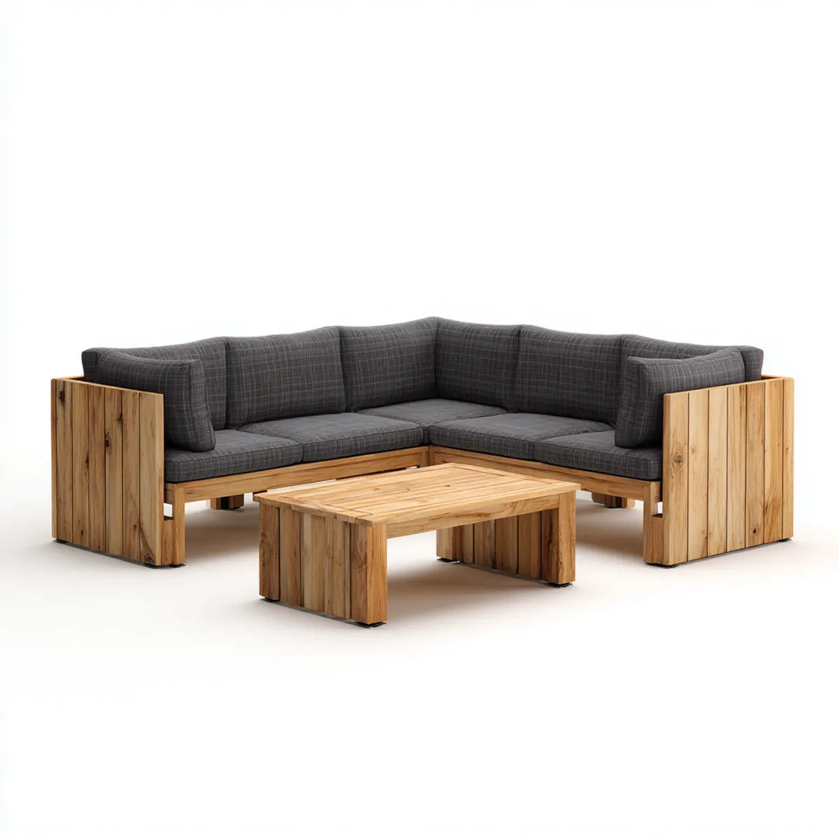 Salon de jardin d’angle 3 places avec table basse brun naturel et gris foncé en bois massif d’acacia 220 x 220 cm