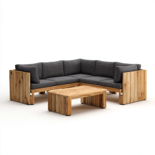 Salon de jardin d’angle 3 places avec table basse brun naturel et gris foncé en bois massif d’acacia 220 x 220 cm