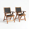 Lot de 2 fauteuils lounge de jardin pliants inclinables marron et noir en bois massif d’acacia et corde PP à dossier rectangulaire 58 x 65 x 90 cm