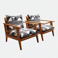Lot de 2 fauteuils lounge de jardin noir et blanc en bois d'acacia massif avec coussins 68 x 75 x 78 cm
