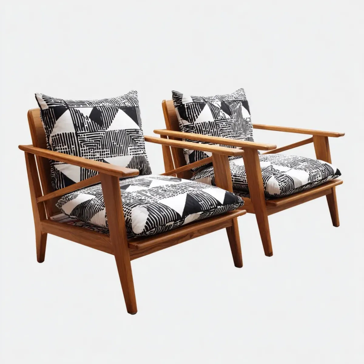 Lot de 2 fauteuils lounge de jardin noir et blanc en bois d'acacia massif avec coussins 68 x 75 x 78 cm