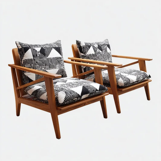 Lot de 2 fauteuils lounge de jardin noir et blanc en bois d'acacia massif avec coussins 68 x 75 x 78 cm